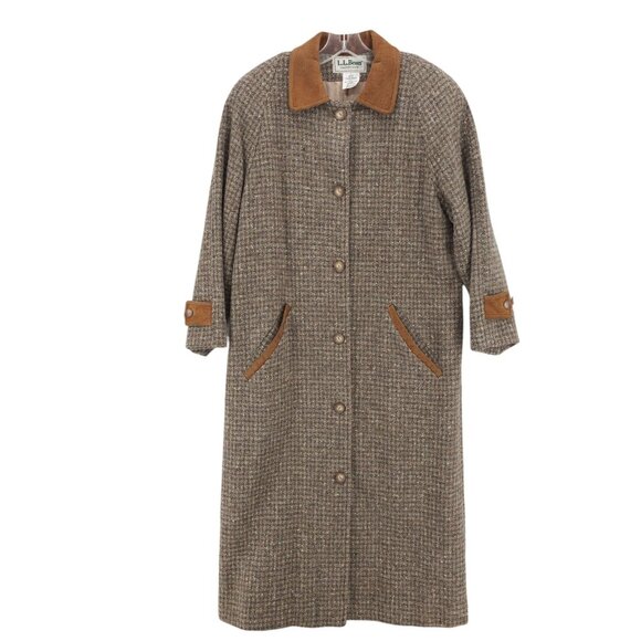 LL BEAN Vintage Wool Blend Tweed Long Coat Suede Trim Gray Tan Houndstooth SMALL - Picture 1 of 8